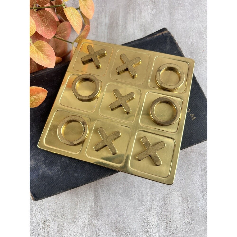 Vintage Tic Tac Toe Game Set Brass X O Pieces Plastic Gold Tone Board MCM Decor